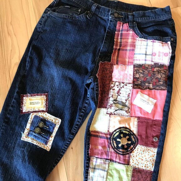 Boho Patch Jeans, Size 12: Upcycled Distressed Hippie Pants, Artisan Patchwork - Picture 7 of 12